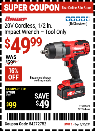 BAUER: 20V Cordless 1/2 in. Impact Wrench - Tool Only