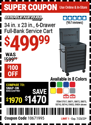 U.S. GENERAL: 34 in. x 23 in., 6-Drawer, Full-Bank Service Cart - coupon