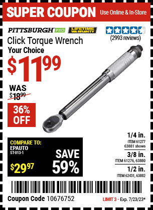 PITTSBURGH PRO: 1/4 in. Drive 20-200 in. lb. Click Torque Wrench - coupon