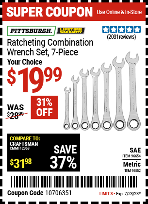 PITTSBURGH: Metric Ratcheting Combination Wrench Set, 7 Piece - Coupon
