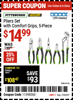 PITTSBURGH: Pliers Set with Comfort Grips, 5-Piece - coupon
