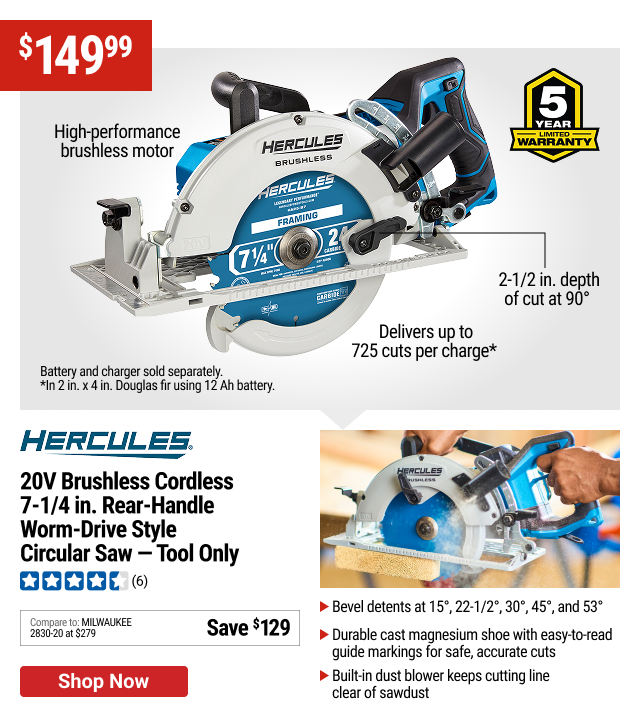 HERCULES 20V Brushless Cordless, 7-1/4 in. Rear-Handle Worm-Drive Style Circular Saw - Tool Only