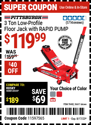 PITTSBURGH: 3-Ton Low-Profile Floor Jack with RAPID PUMP, Red