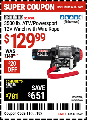 BADLAND ZXR: 3500 lb. ATV/Powersport 12V Winch with Wire Rope