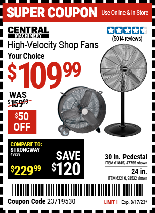 CENTRAL MACHINERY: 30 in. Pedestal High Velocity Shop Fan