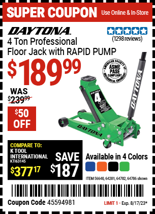 DAYTONA: 4 ton Professional Floor Jack with RAPID PUMP, Black