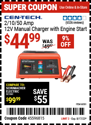 CEN-TECH: 2/10/50A 12V Manual Charger With Engine Start