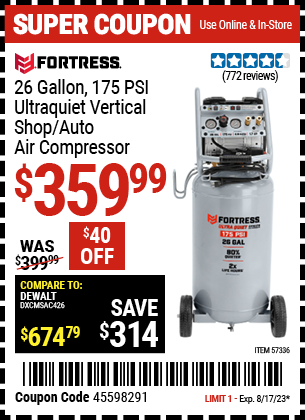 FORTRESS: 26 Gallon 175 PSI Ultra Quiet Vertical Shop/Auto Air Compressor