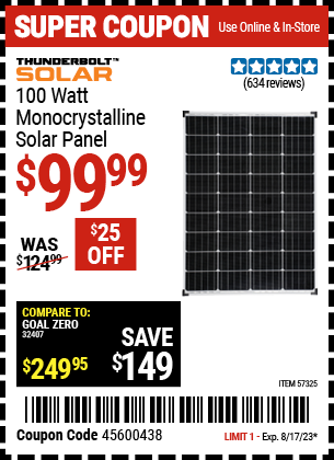 THUNDERBOLT SOLAR: 100 Watt Monocrystalline Solar Panel