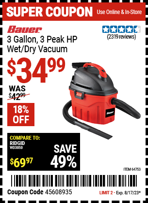 BAUER: 3 Gallon, 3 Peak HP Wet/Dry Vacuum