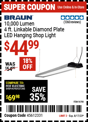 BRAUN: 10,000 Lumen, 4 Ft. Linkable Diamond Plate LED Hanging Shop Light