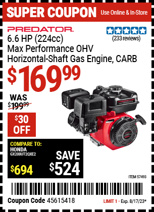 PREDATOR: 6.6 HP (224cc) Max Performance OHV Horizontal Shaft Gas Engine, CARB