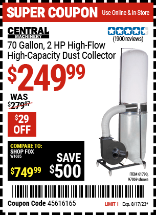 CENTRAL MACHINERY: 70 gallon 2 HP High Flow High Capacity Dust Collector