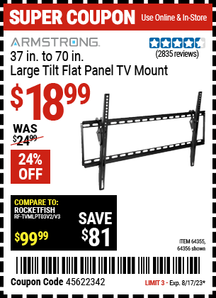 ARMSTRONG: 37 in. to 70 in. Large Tilt Flat Panel TV Mount
