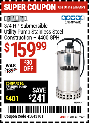 DRUMMOND: 3/4 HP Submersible Utility Pump Stainless Steel Construction 4400 GPH