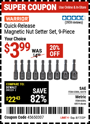 WARRIOR: Quick Release Magnetic SAE Nut Setter Set, 9 Piece