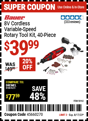 BAUER: 8V Cordless Variable Speed Rotary Tool Kit, 40 Piece