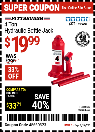 PITTSBURGH: 4 Ton Hydraulic Bottle Jack