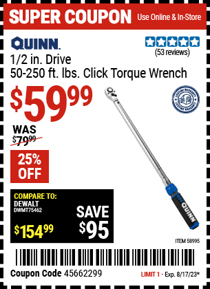 QUINN: 1/2 in. Drive 50-250 ft. lb. Click Torque Wrench