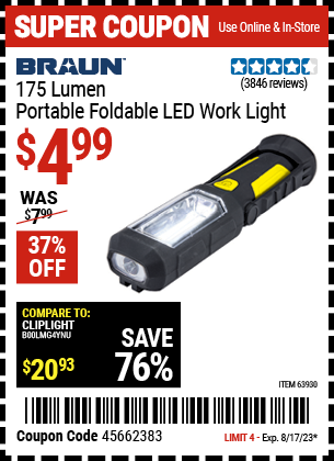 BRAUN: 175 Lumen Portable Foldable LED Work Light