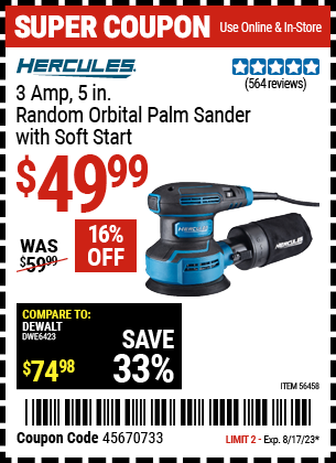 HERCULES: 3 Amp 5 in. Random Orbital Palm Sander with Soft Start