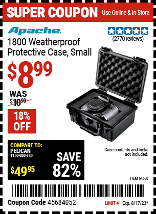 APACHE: 1800 Weatherproof Protective Case, Small, Black