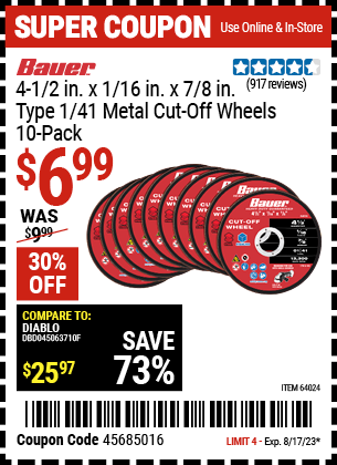 BAUER: 4-1/2 in. x 1/16 in. x 7/8 in. Type 1/41 Metal Cut-off Wheel, 10-Pack