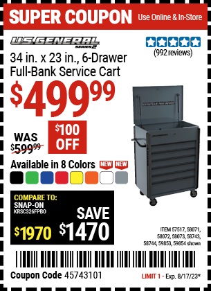 U.S. GENERAL: 34 in. x 23 in., 6-Drawer, Full-Bank Service Cart