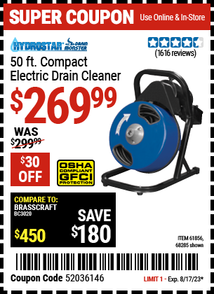 HYDROSTAR DRAINMONSTER: 50 Ft. Compact Electric Drain Cleaner