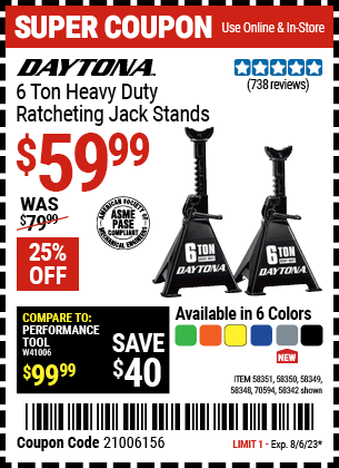 DAYTONA: 6 Ton Heavy Duty Ratcheting Jack Stands, Black - coupon