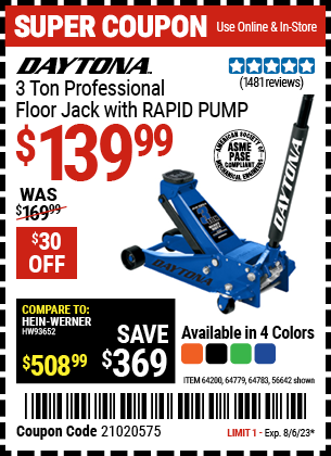 DAYTONA: 3 ton Professional Floor Jack with RAPID PUMP, Blue - coupon