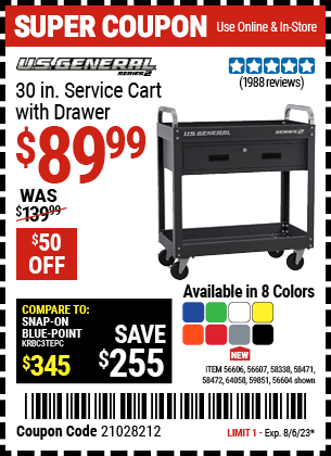 U.S. GENERAL: 30 in. Service Cart with Drawer, Black - coupon