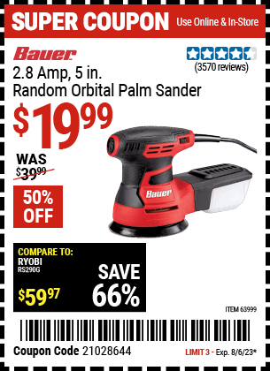 BAUER: 2.8 Amp, 5 in. Random Orbital Palm Sander - coupon