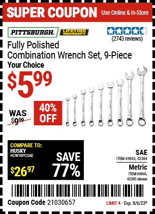 PITTSBURGH: Fully Polished Metric Combination Wrench Set, 9 Piece - coupon
