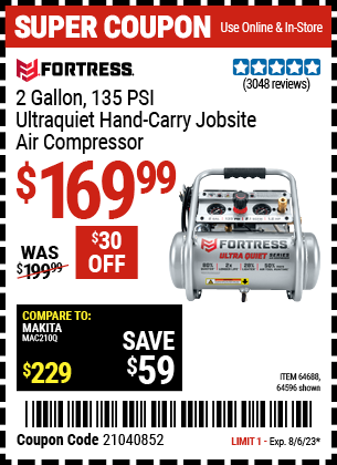 FORTRESS: 2 Gallon 135 PSI Ultra Quiet Hand Carry Jobsite Air Compressor - Coupon