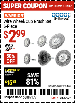 WARRIOR: Wire Wheel/Cup Brush Set, 6 Piece