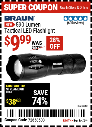 BRAUN: 590 Lumen Tactical LED Flashlight, Black