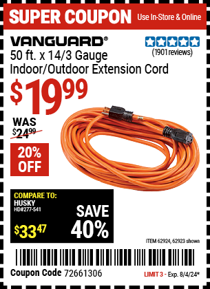 VANGUARD: 50 ft. x 14/3 Gauge Indoor/Outdoor Extension Cord, Orange