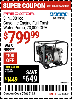 PREDATOR: 3 in. 301cc Gasoline Engine Full-Trash Water Pump - 23,000 GPH