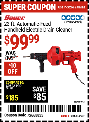 BAUER: 23 ft. Automatic-Feed Handheld Electric Drain Cleaner