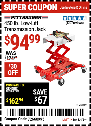 PITTSBURGH AUTOMOTIVE: 450 lb. Low Lift Transmission Jack