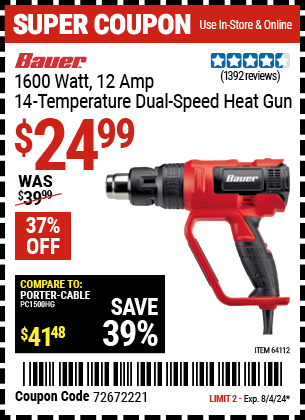 BAUER: 1600 Watt, 12 Amp, 14 Temperature Dual-Speed Heat Gun