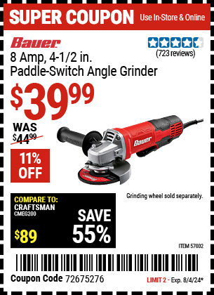 BAUER: 8 Amp 4-1/2 in. Paddle Switch Angle Grinder