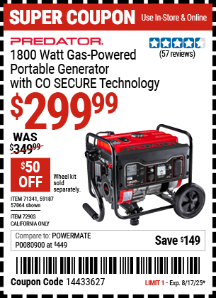 PREDATOR 1800 Watt Gas-Powered Portable Generator with CO SECURE Technology, EPA