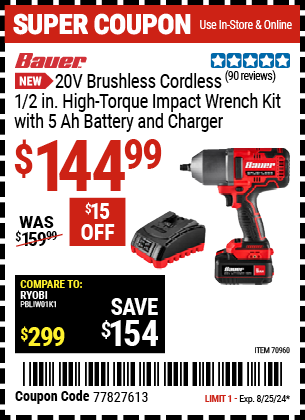 BAUER: 20V Brushless Cordless, 1/2 in. High-Torque Impact Wrench Kit with 5 Ah Battery and Charger