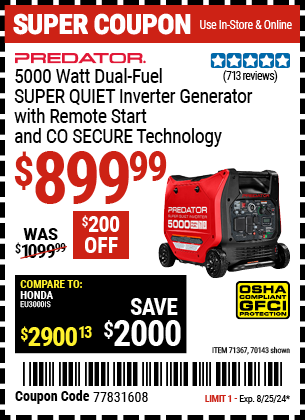 PREDATOR: 5000 Watt Dual-Fuel SUPER QUIET Inverter Generator with Remote Start and CO SECURE Technology