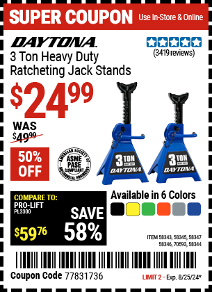 DAYTONA: 3 Ton Heavy Duty Ratcheting Jack Stands