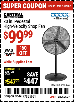CENTRAL MACHINERY: 30 in. Pedestal High Velocity Shop Fan