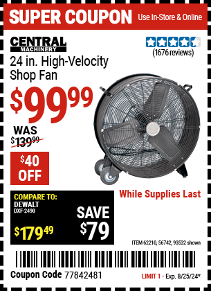 CENTRAL MACHINERY: 24 in. High Velocity Shop Fan