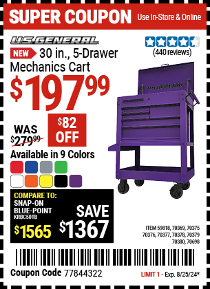 U.S. GENERAL: 30 in., 5-Drawer Mechanics Cart